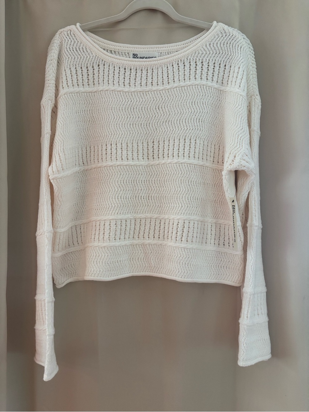 No Boundaries Cream Open-Knit Crewneck Sweater